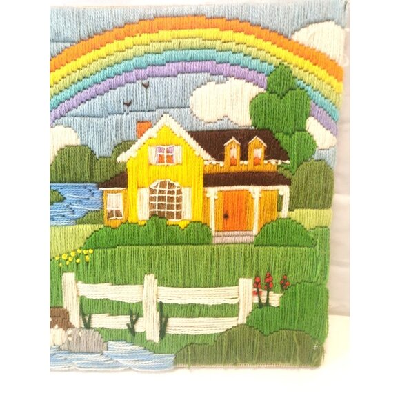 Embroidered Homestead Scenes Pair Crewel Wool Needlepoint Vintage - Picture 4 of 16